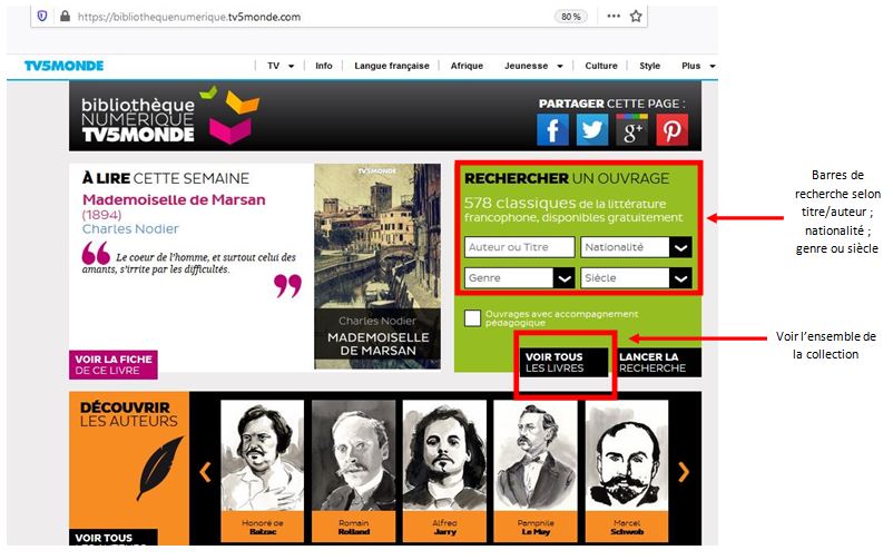 Page d'accueil Bibliothèque Numérique TV5Monde