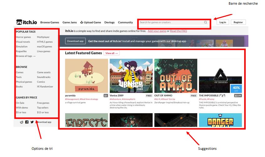 Page d'accueil Itch.io