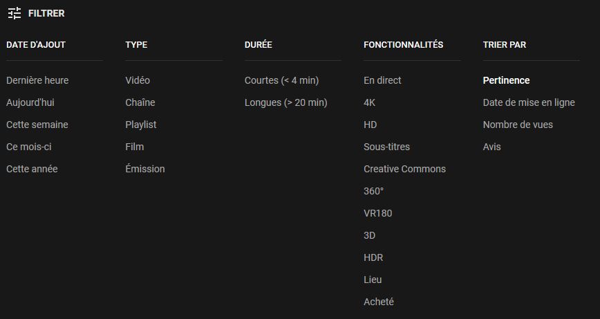 Filtres Youtube