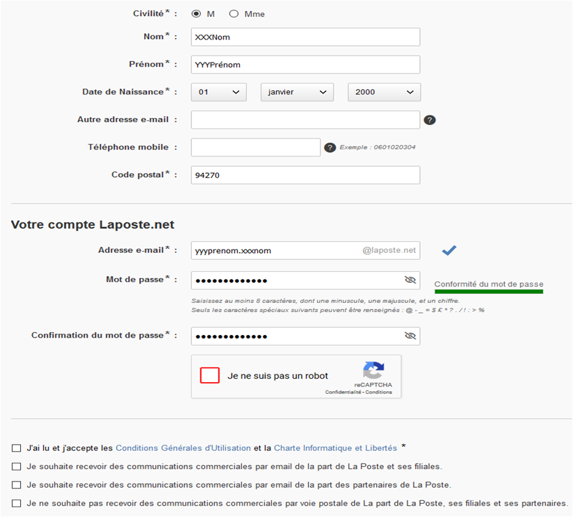 Forumulaire d'inscription La Poste Mail